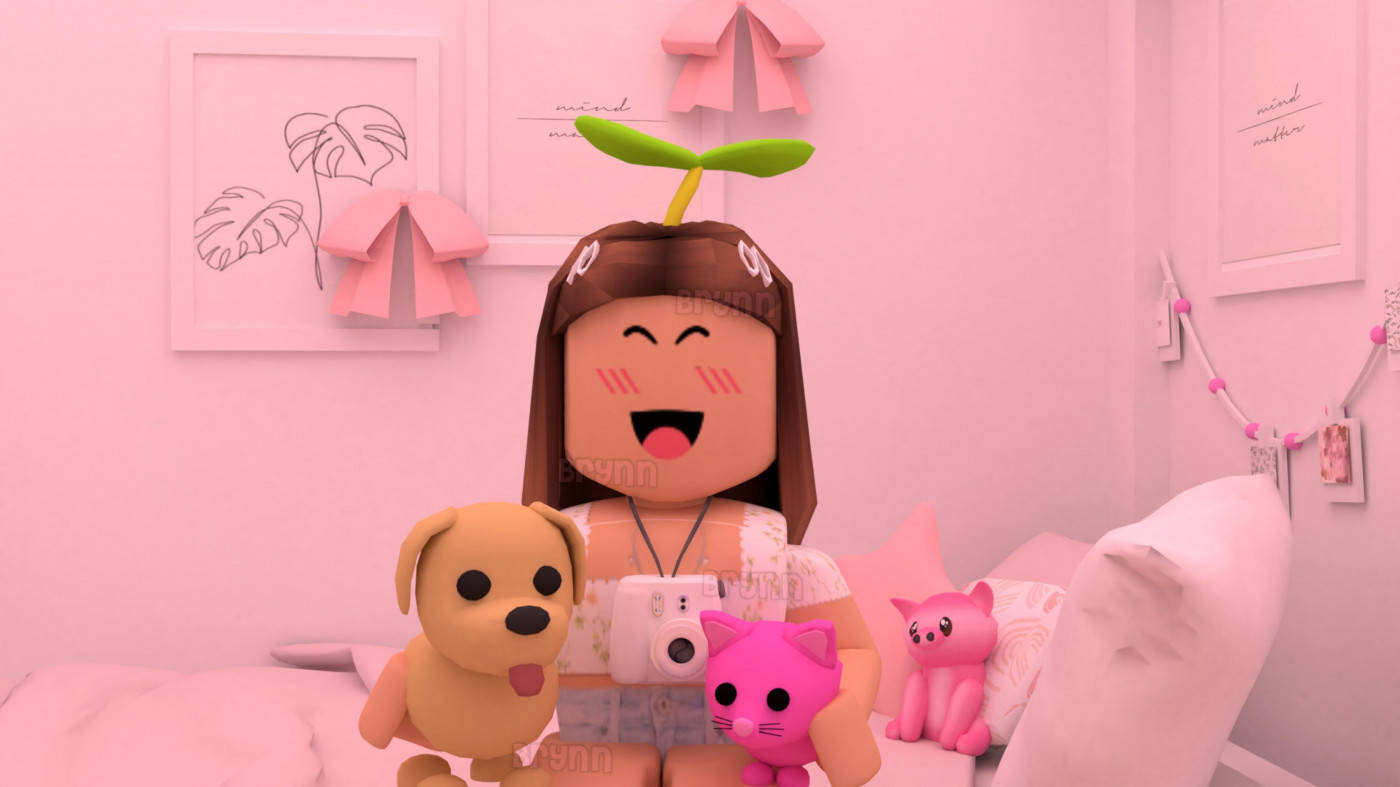 美學 Roblox 女孩與寵物 壁紙 — 一個頭上長出嫩芽的開心Roblox女孩，在粉紅色睡房裡抱著毛絨玩具微笑。