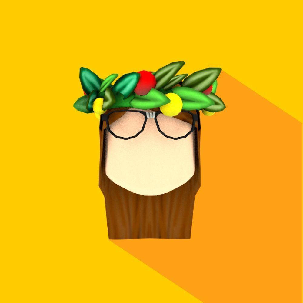 美學 Roblox 女孩頭部戴花冠 壁紙 — 一個戴著眼鏡和柑橘葉冠的風格化木頭頭部，背景是充滿活力的黃色和橙色漸變。