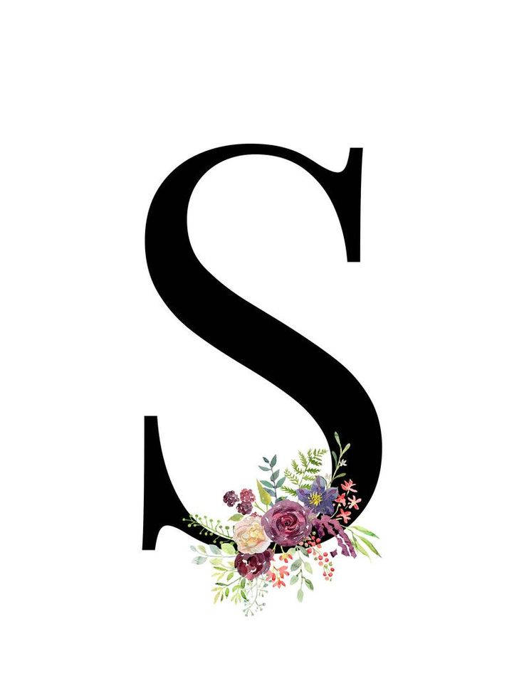 美學 S 字母 壁紙 — 一個大膽的黑色字母S，底部裝飾著色彩繽紛的水彩花卉佈置。