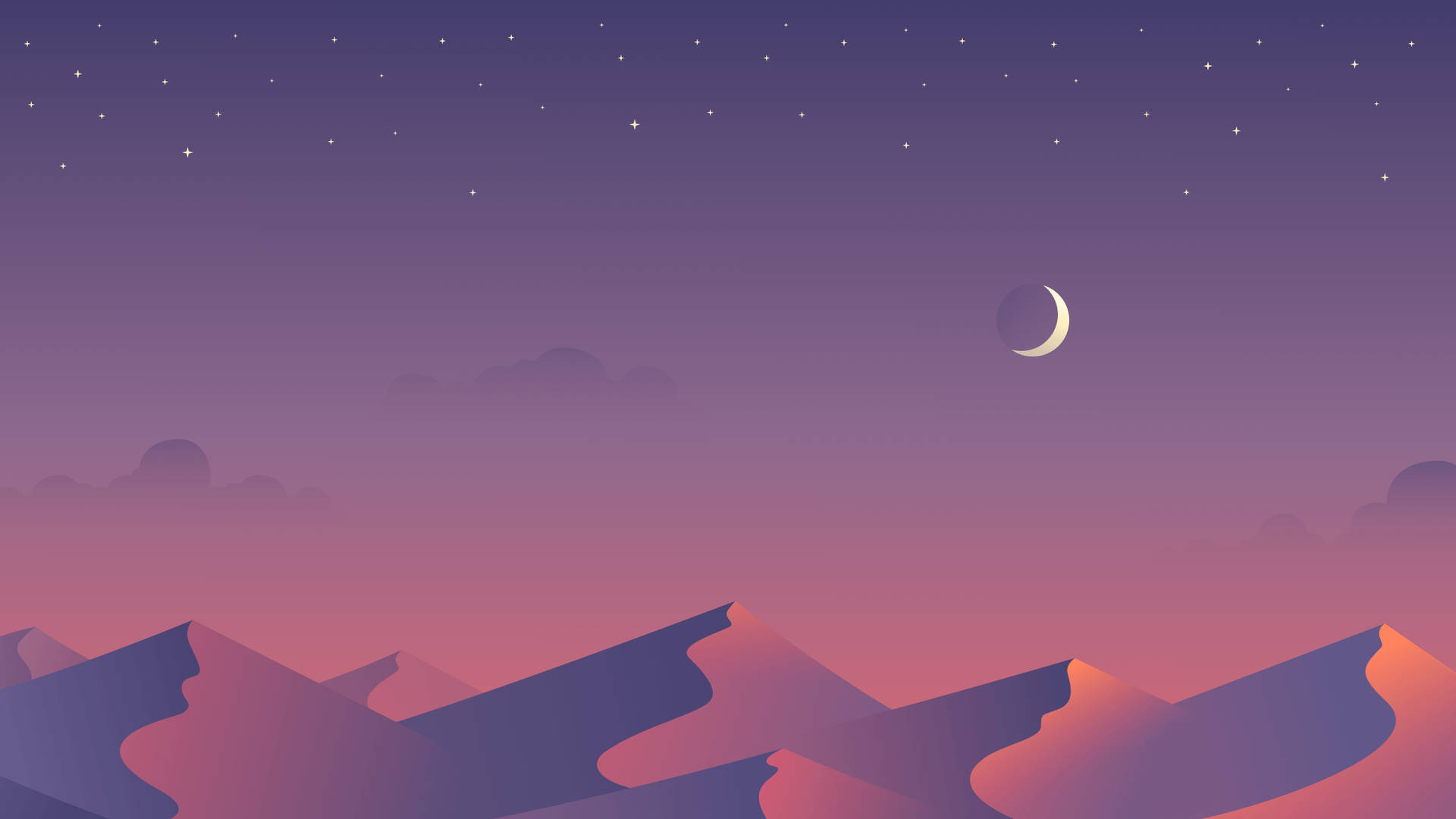 美學 YouTube 沙丘 壁紙 — 寧靜的夜空，一彎新月和星星在剪影的山峰之上，散發著粉紅和紫色的光芒。