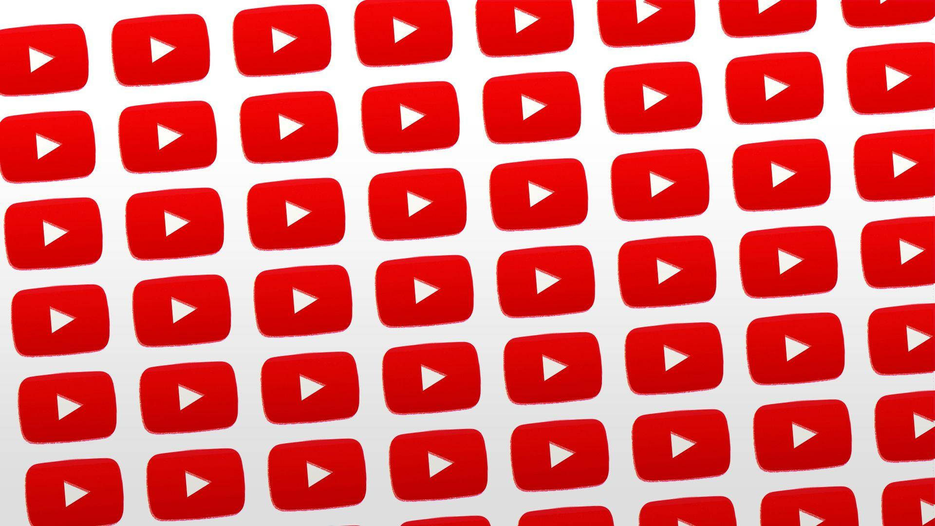 紅色 YouTube 播放按鈕圖示以重複網格圖案排列。