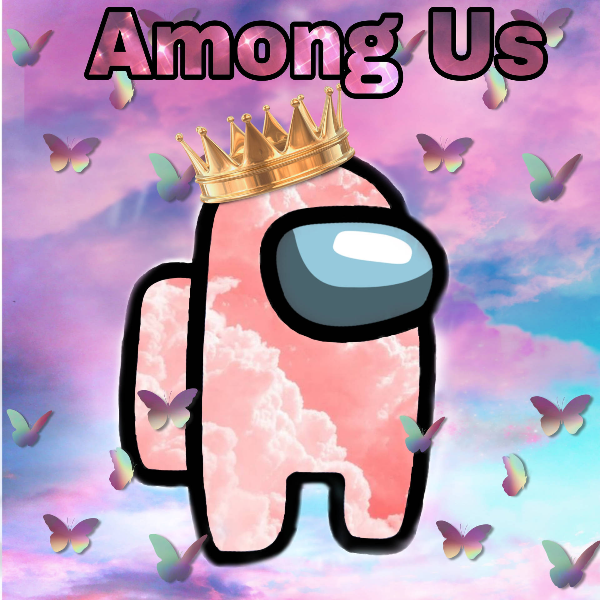 戴著皇冠的Among Us角色在粉彩天空中 surrounded by 蝴蝶。 — 美學版 among US GIF 壁紙