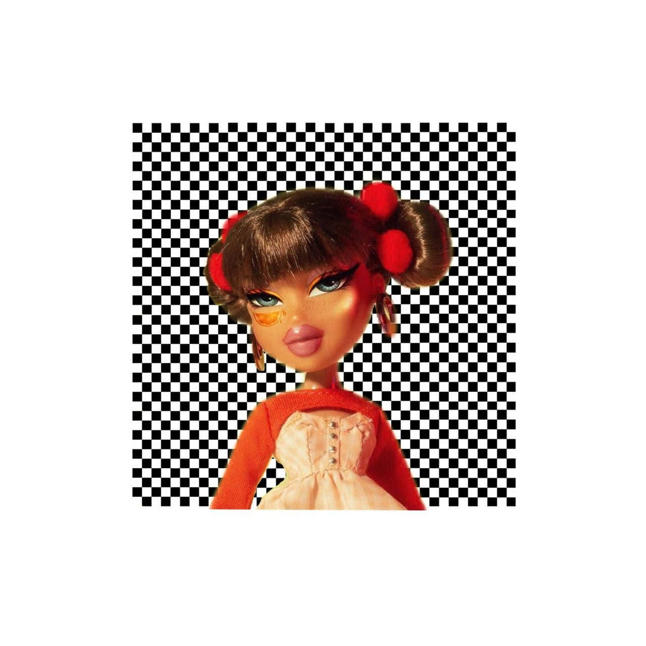 美學Bratz Yasmin玩偶 壁紙 — 一個有棕色頭髮紮成雙馬尾並繫上紅色蝴蝶結的玩偶，穿著橙色上衣，背景是黑白格紋。