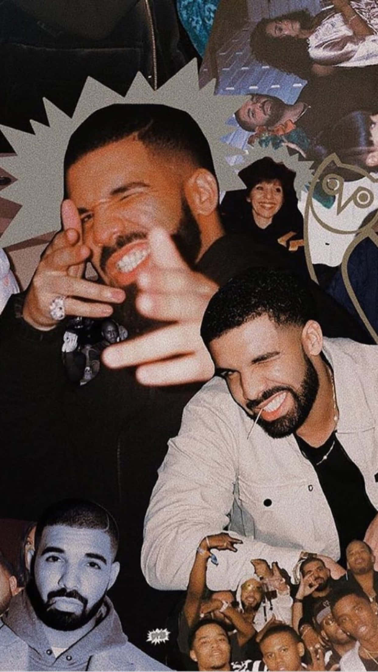 Drake與粉絲和流行文化元素微笑擺姿勢的拼貼畫。