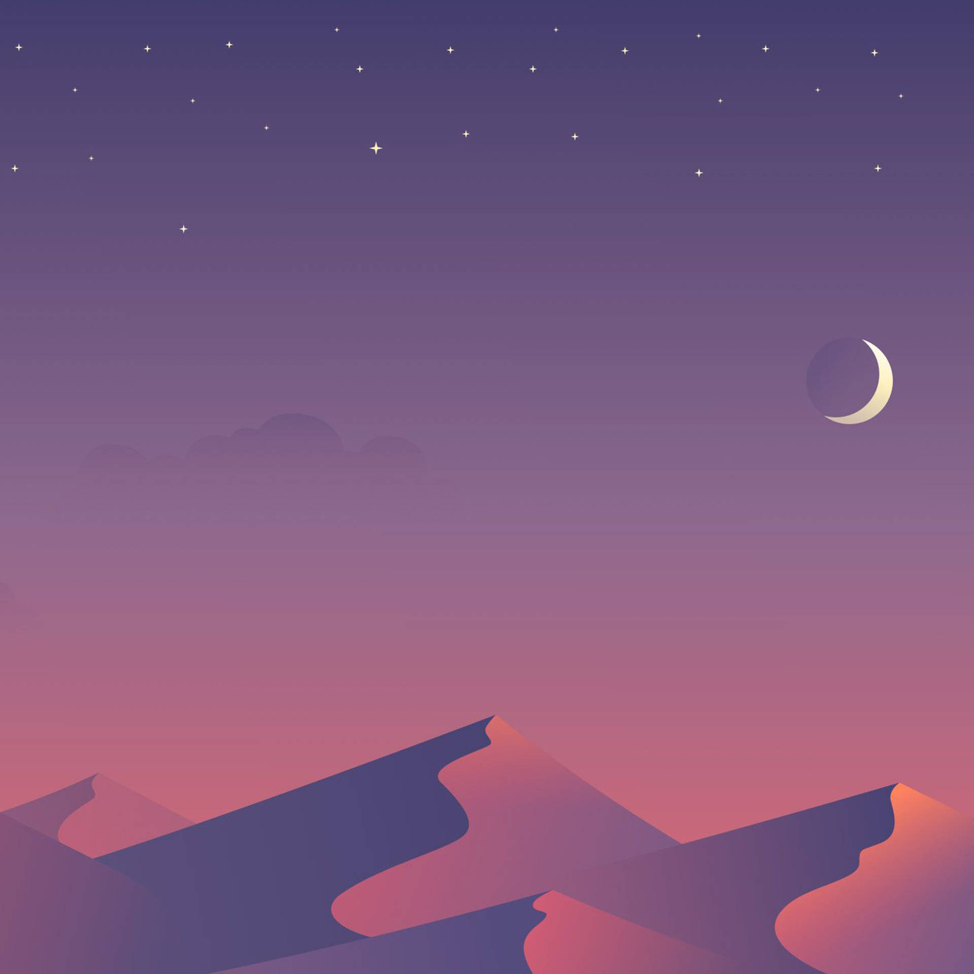 在繁星點點的夜空下，新月照耀著紫色和粉紅色的沙漠沙丘。 — 美學 iPad 壁紙 壁紙