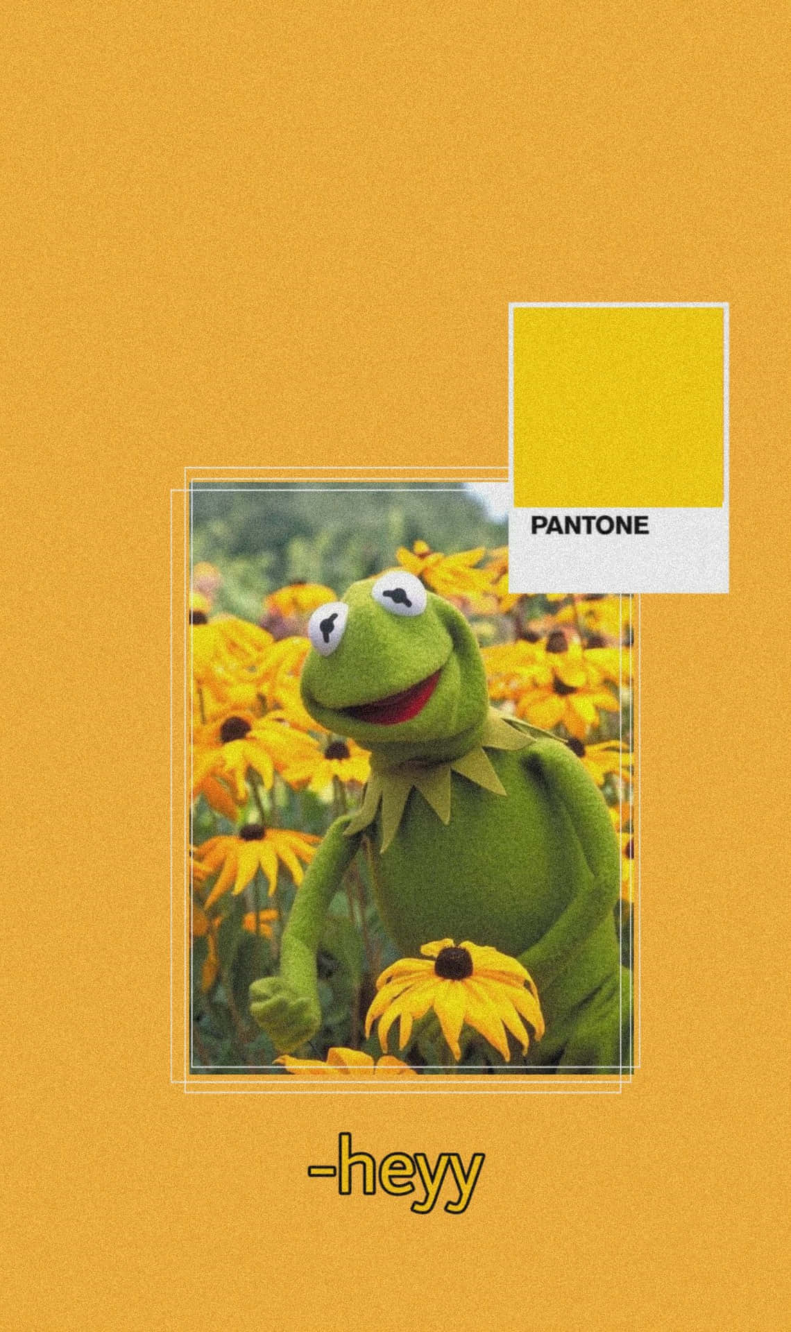 美學Kermit置身向日葵田 壁紙 — Kermit the Frog 在溫暖的橙色背景上，被 Pantone 色板框住的鮮黃色黑眼蘇珊花中愉快地微笑。