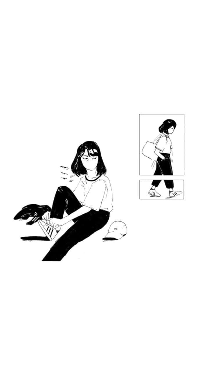 美學Lo-Fi藝術視覺 壁紙 — 一個極簡黑白線條藝術插圖，描繪一個女孩繫鞋帶，並有兩個較小的面板顯示她走路和提著袋子。