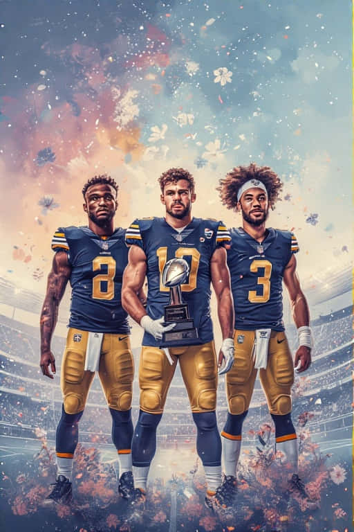 三名身穿藍色和金色球衣的足球員在體育館中高舉獎盃，周圍有五彩紙屑飄落。