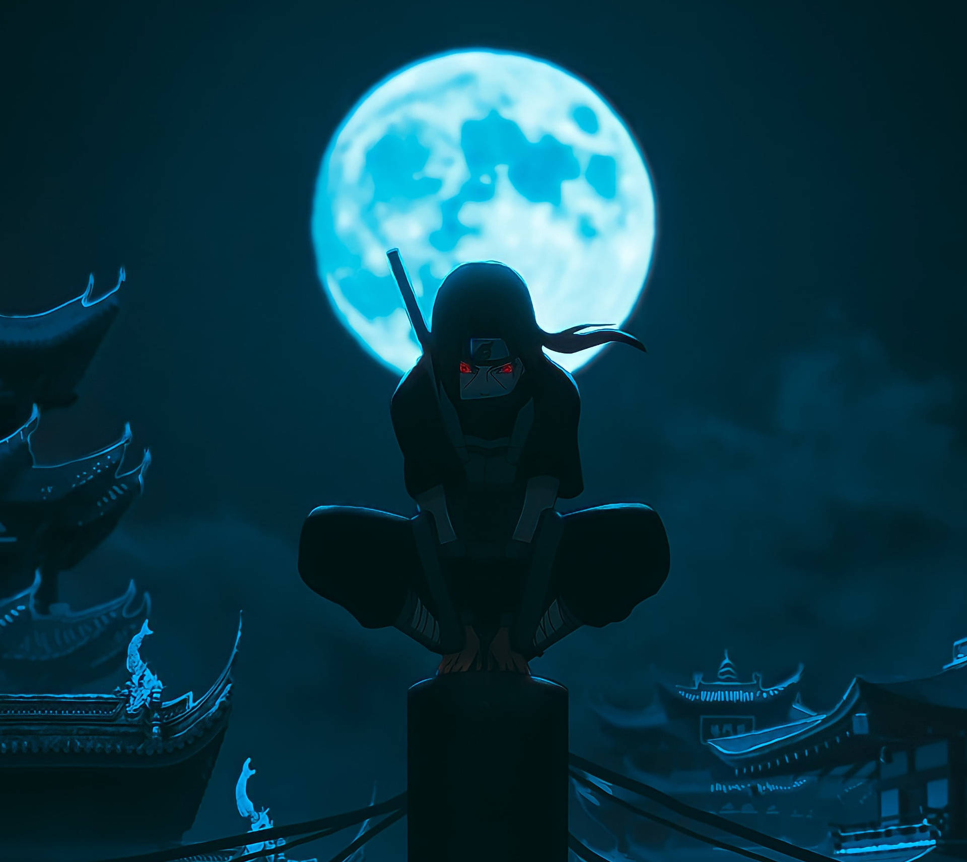 滿月下，屋頂上忍者發光的眼睛剪影。