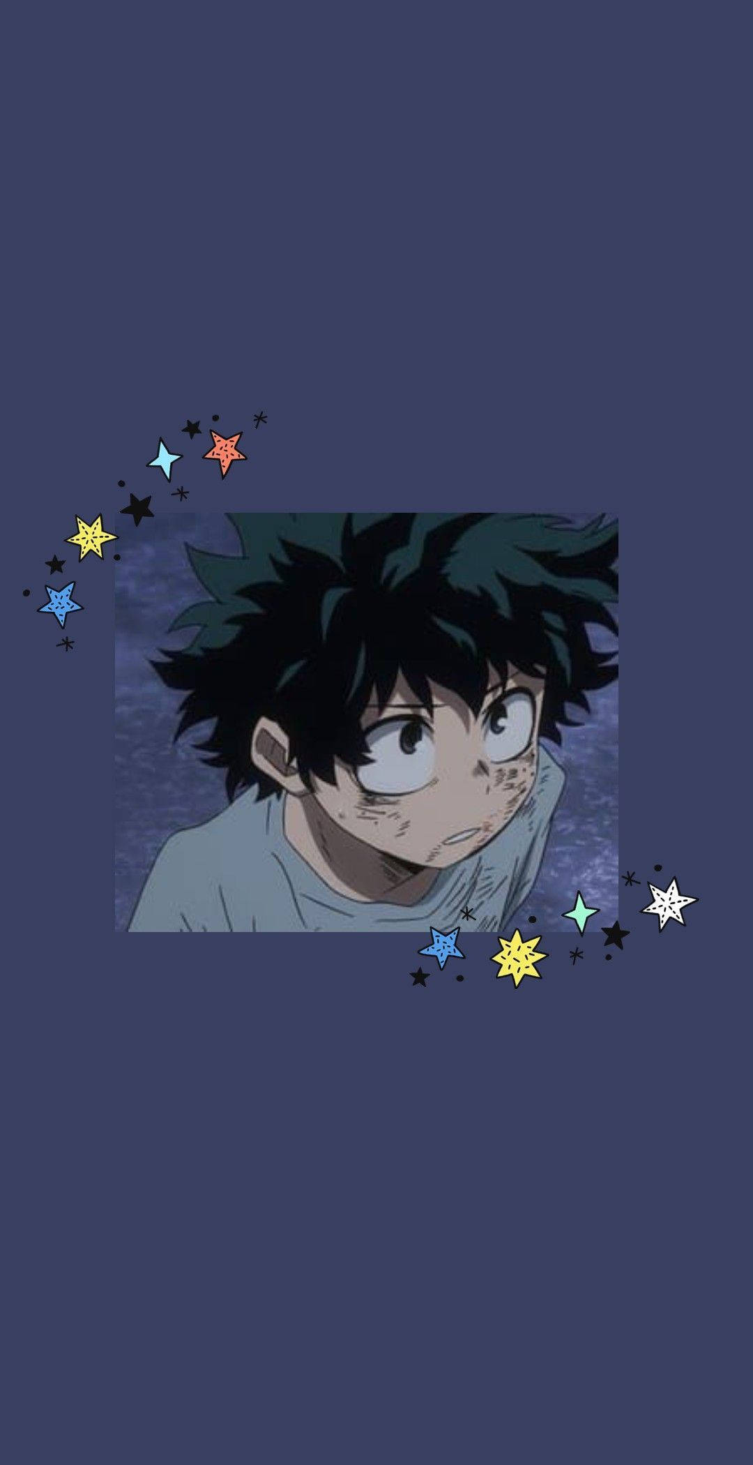 美學動漫頭像綠谷出久 壁紙 — 動畫男孩，黑色亂髮，大眼睛，被彩色星星包圍，背景為深藍色。