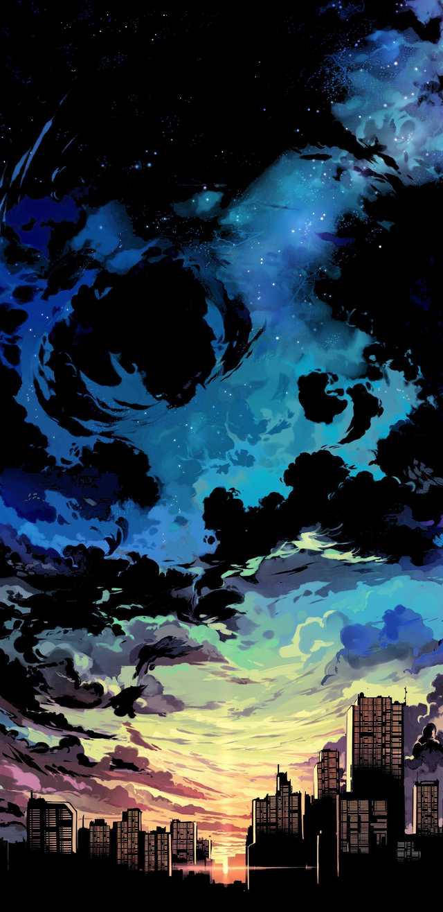 美學動畫城市暮色黑雲手機壁紙 壁紙 — 日落時分的城市天際線，上方有旋轉的宇宙雲層和星星。