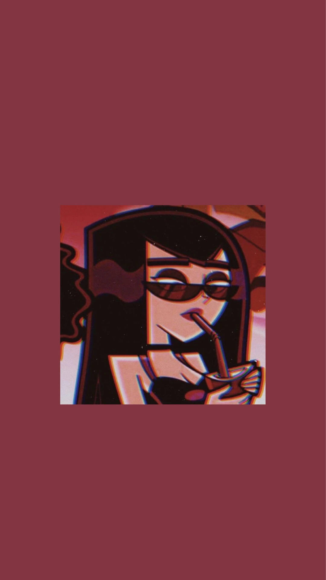 美學卡通奢華山姆·曼森 壁紙 — 一個風格化的動漫女孩，深色頭髮，戴著太陽眼鏡，在深紅色背景前用吸管啜飲飲料。