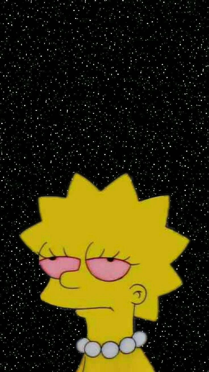 美學卡通疲憊的莉薩·辛普森 壁紙 — Lisa Simpson 戴著粉紅色眼鏡和珍珠項鍊，凝視著繁星點點的夜空背景。