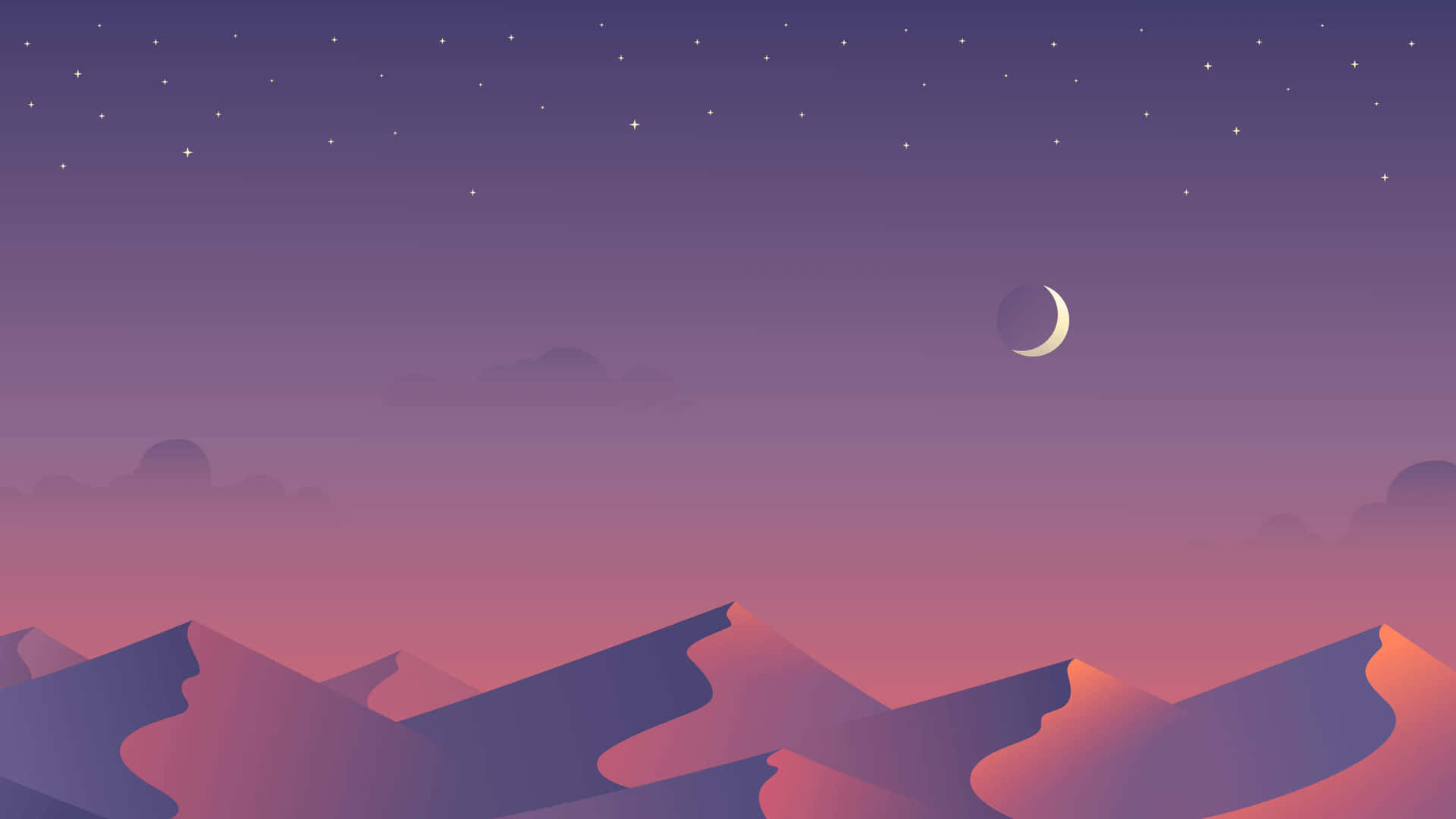 在星夜與新月下，紫色和粉紅色的山巒。