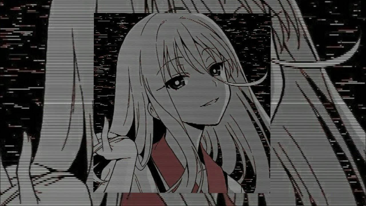 美學女孩動漫頭像 壁紙 — 一個長髮的故障動畫女孩在扭曲的數位背景中溫柔微笑。