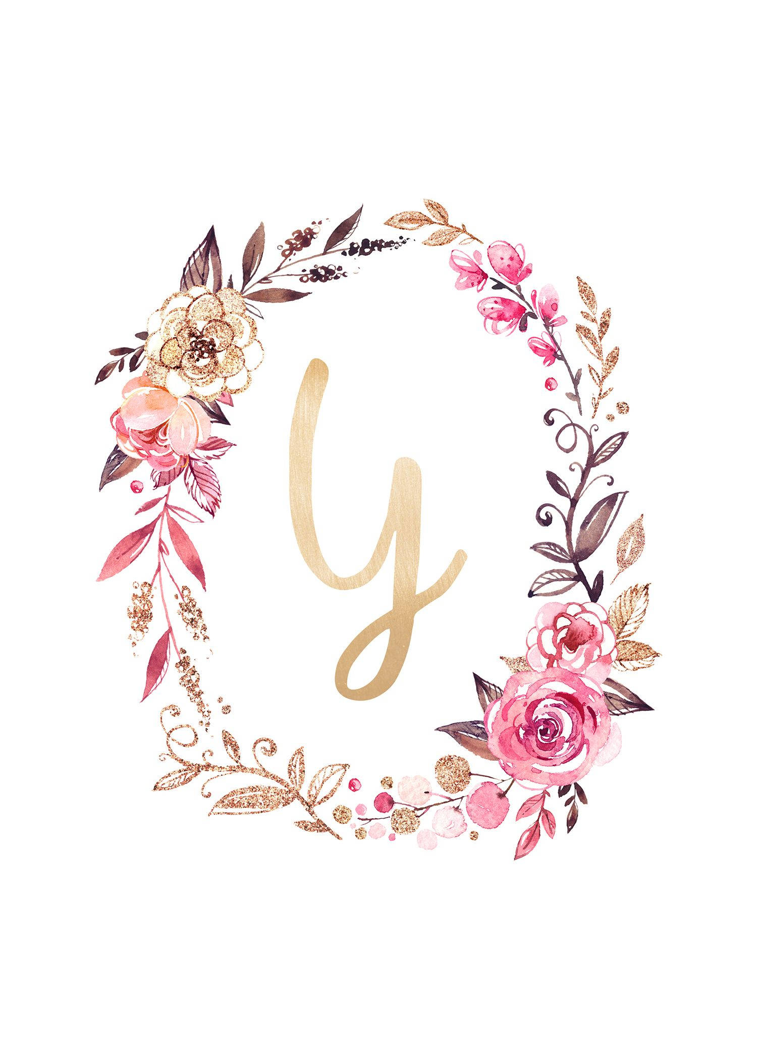 美學字母Y花卉花環 壁紙 — 一個精緻的水彩花環，粉紅色和金色環繞著白色背景上的金色字母Y。