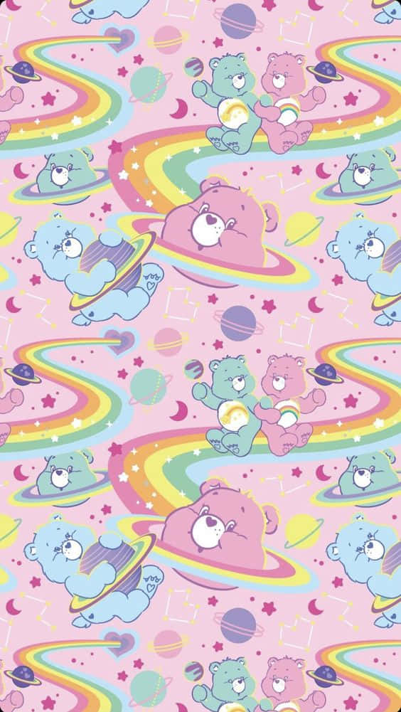 Care Bears在充滿彩虹和行星的彩色空間中漂浮。