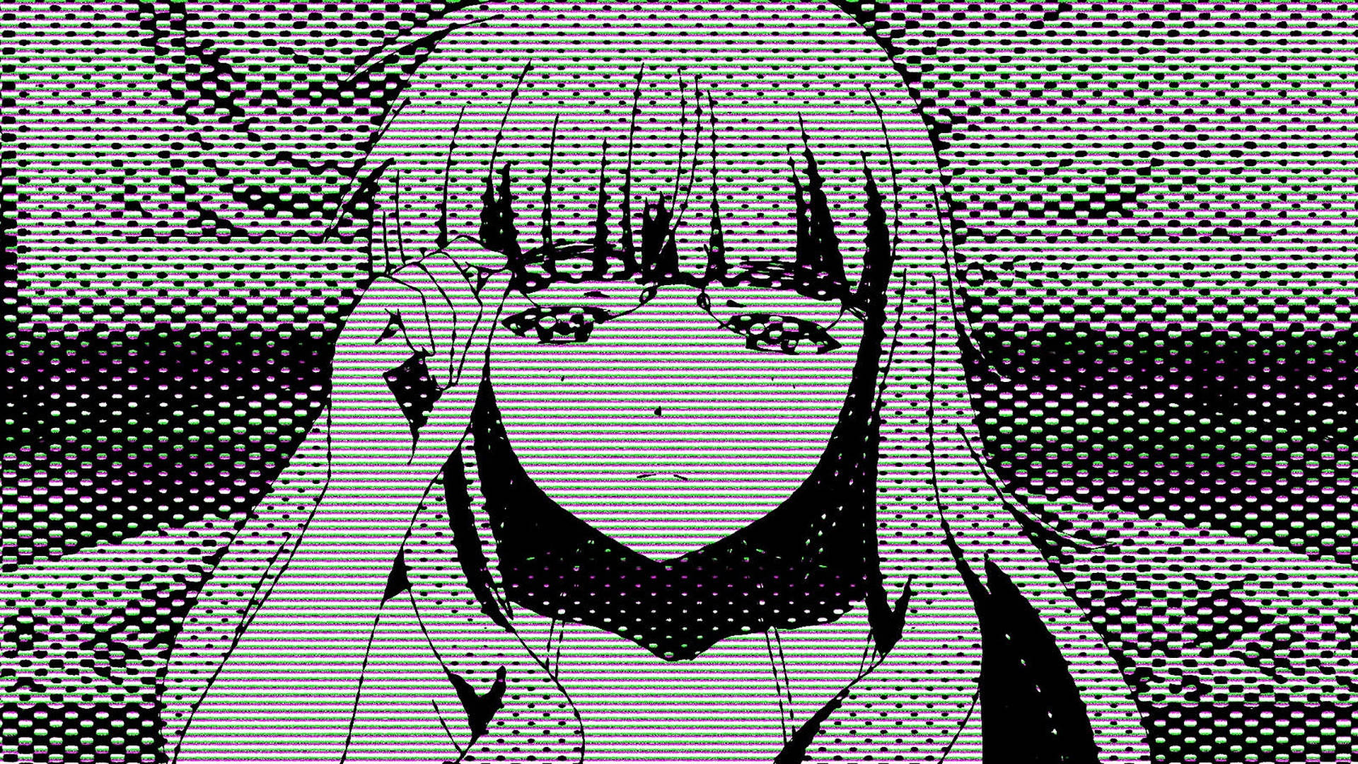 透過數位靜態效果觀看的長髮瀏海動漫女孩。 — 美學女孩 壁紙