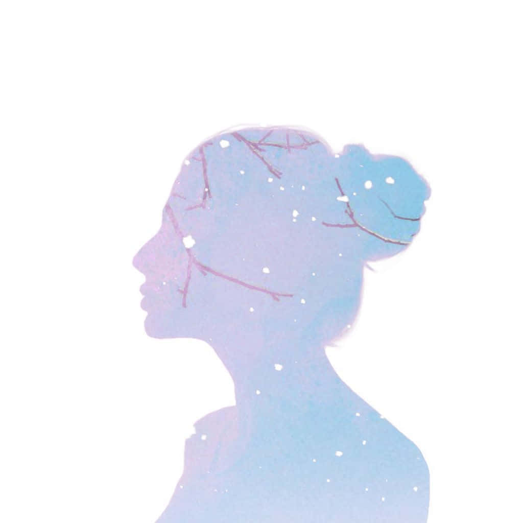 一個女性剪影，頭髮和形態中有樹枝和星星。