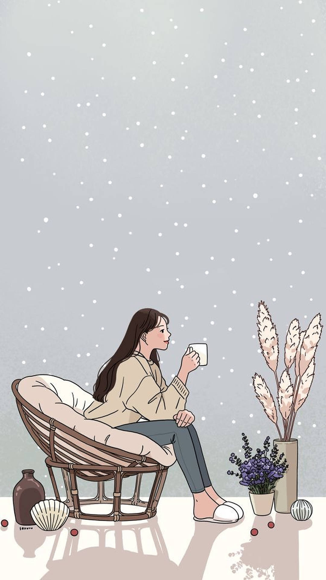 女士坐在藤椅上，在下雪天氣中靠近蒲葦和薰衣草喝茶。 — 美學女孩 壁紙