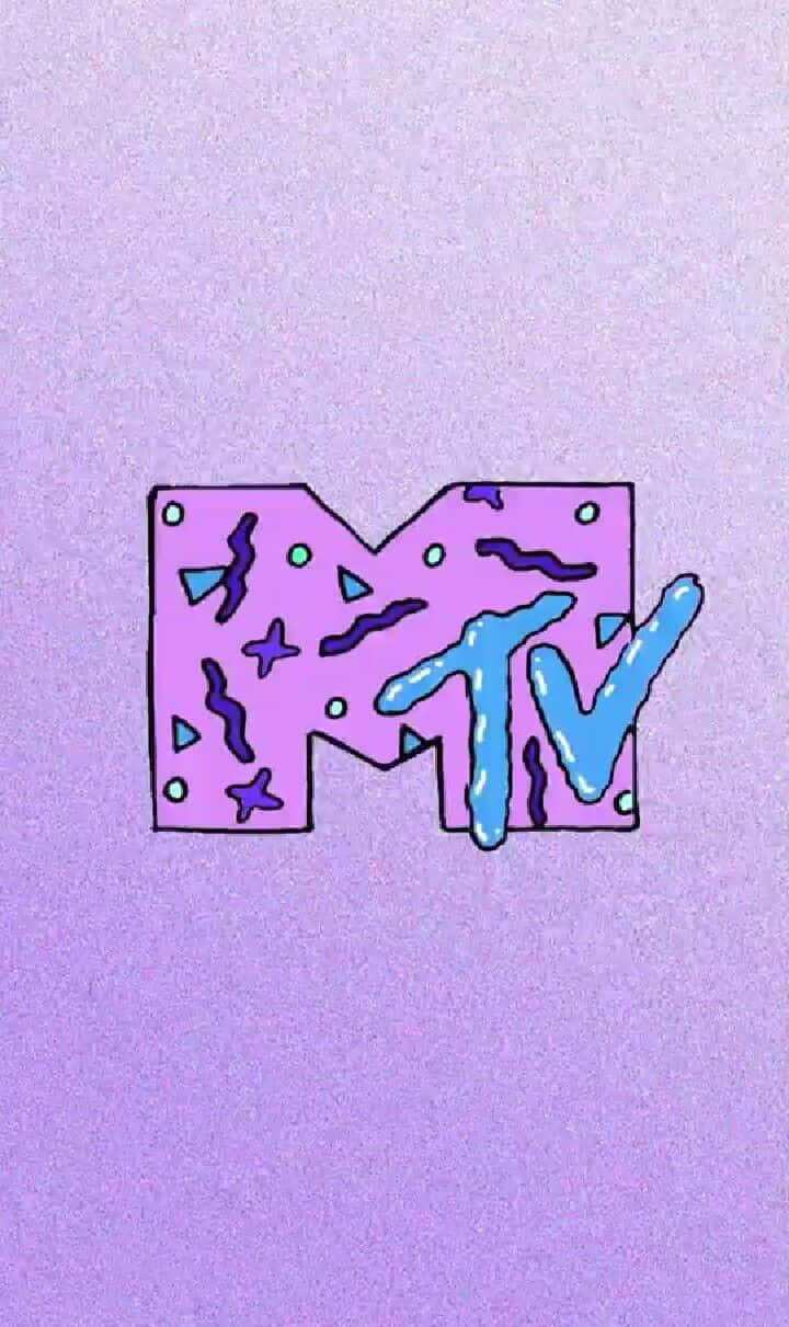 MTV標誌，帶有彩色抽象形狀，置於有紋理的紫色背景上。