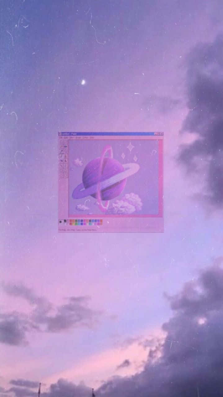 一個浮動的數位藝術視窗，顯示一個帶有光環的紫色行星，背景是暮色天空。
