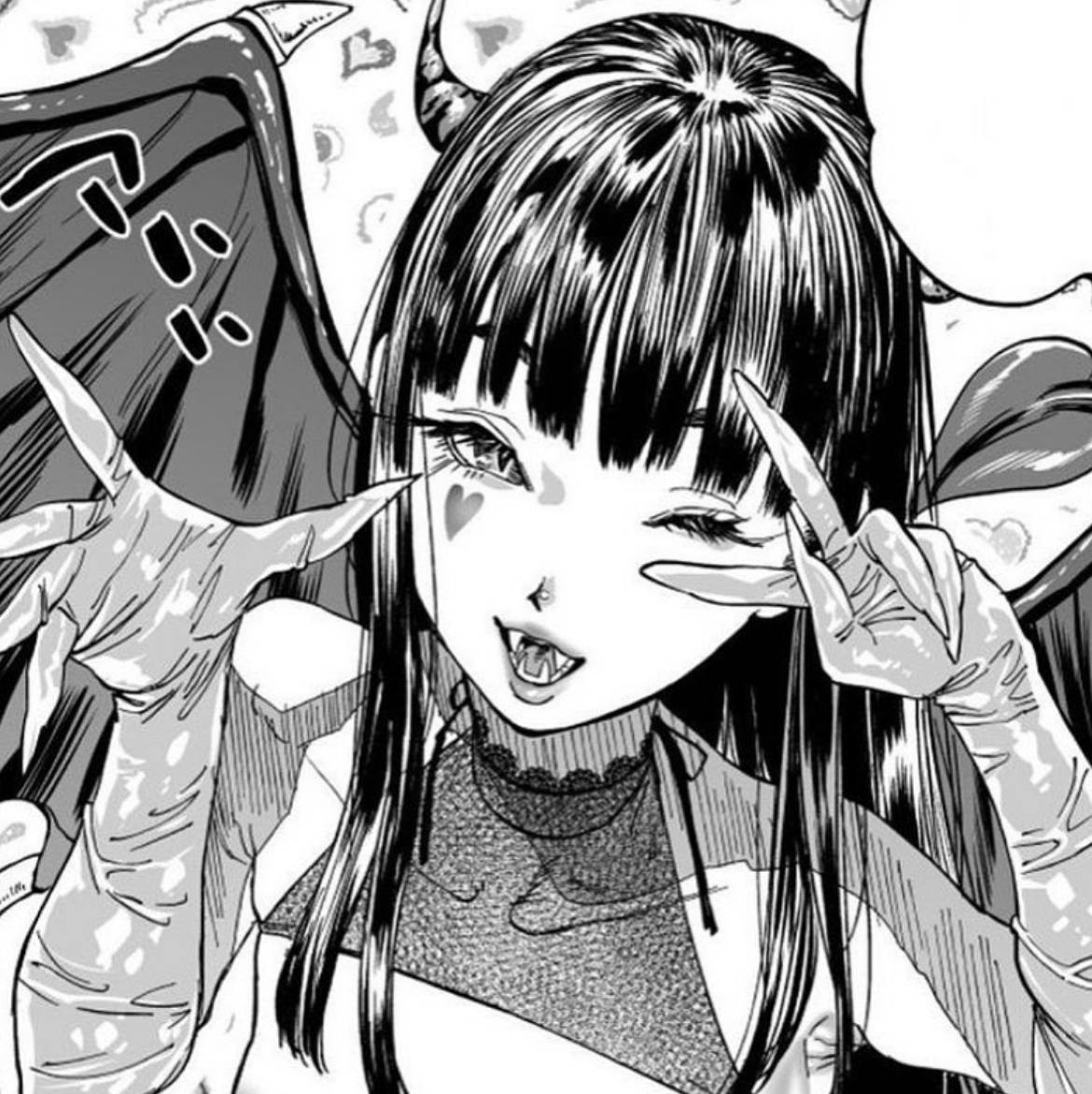 美學惡魔女孩酷炫動漫頭像 壁紙 — 一個黑白動漫女孩，擁有惡魔角和翅膀，雙手做出俏皮的和平手勢。
