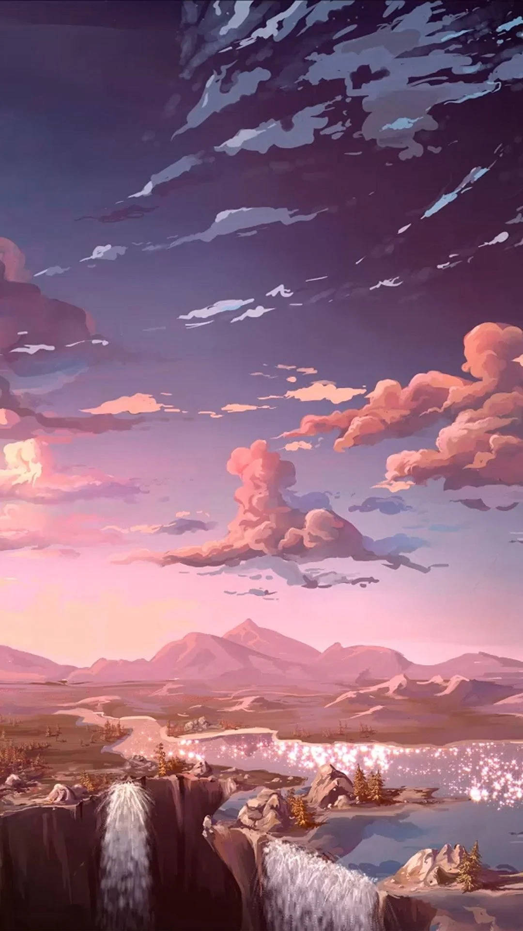 美學手機瀑布背景 壁紙 — 黃昏時分寧靜的山谷，發光的瀑布和粉紫色雲彩在上方。