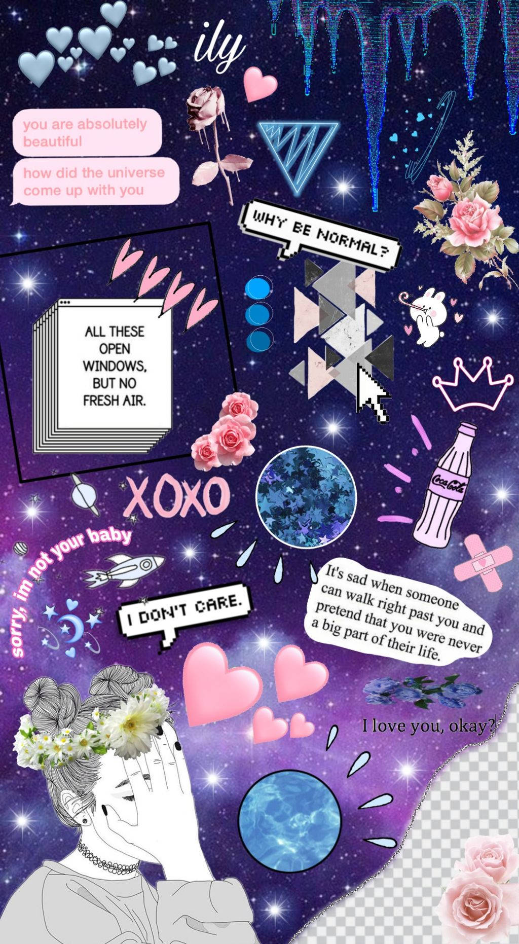 美學星際主題Picsart 壁紙 — 一個充滿活力的宇宙拼貼，包含一個灰階女孩、心形、玫瑰和文字氣泡，背景是繁星點點的紫色。