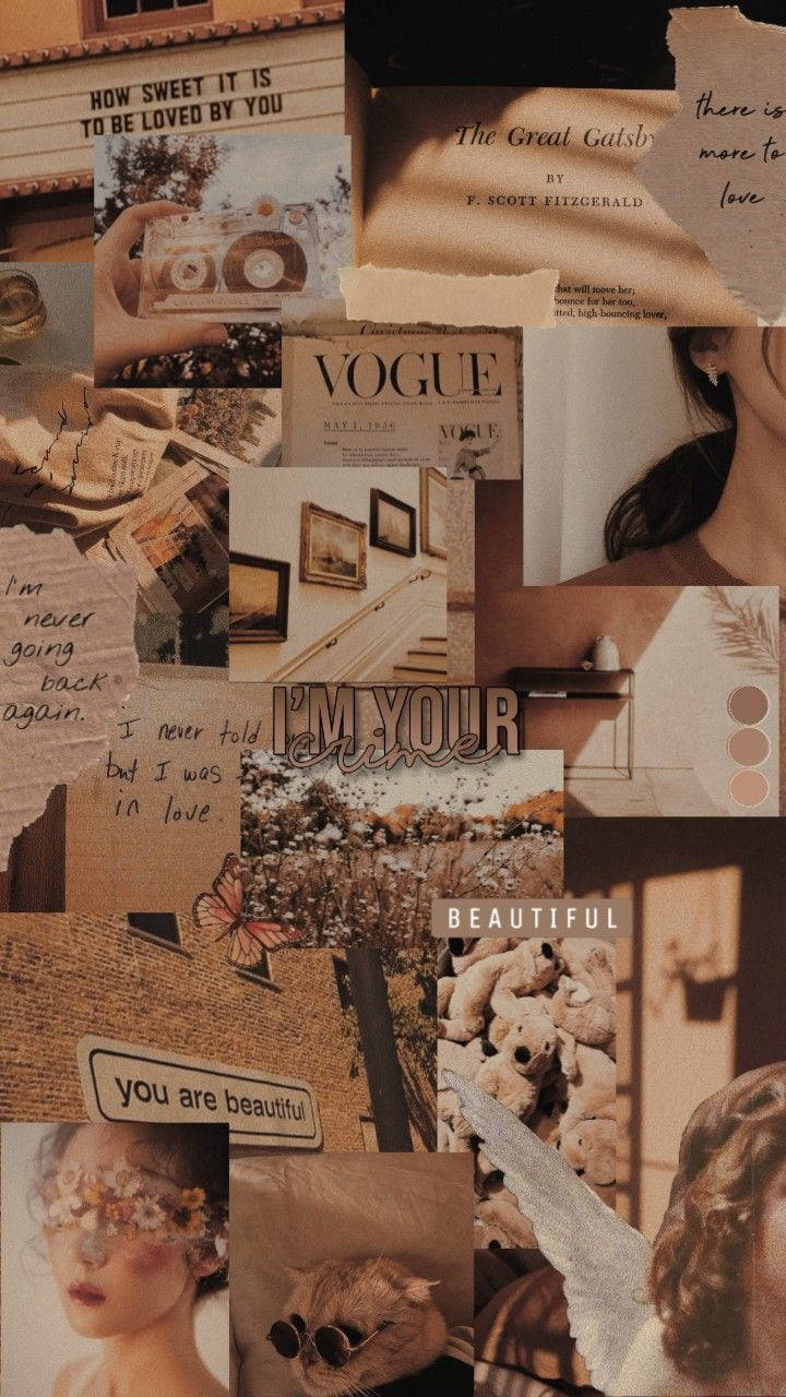 美學棕色 Vogue 壁紙 — 一個懷舊的米色調拼貼畫，包含復古照片、語錄和時尚雜誌剪報，以分層剪貼簿風格排列。