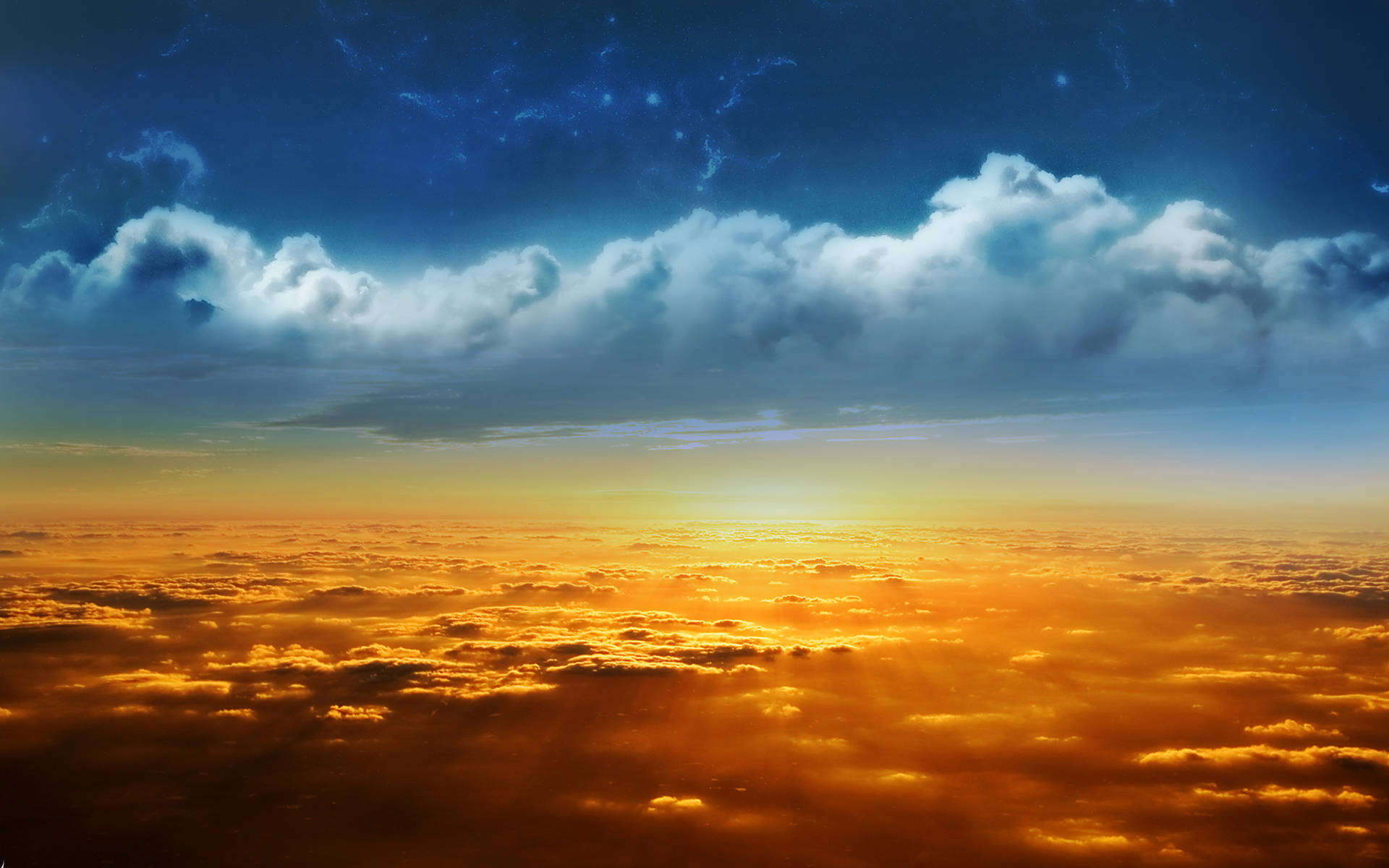 日出在雲層之上，深藍色天空中可見星星
