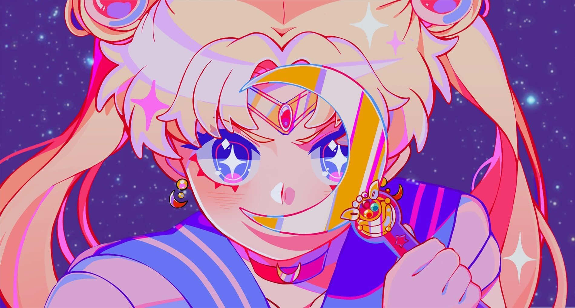 粉紅髮、戴月亮頭飾的動畫角色，在星空下拿著發光魔杖。 — 美少女戰士 壁紙