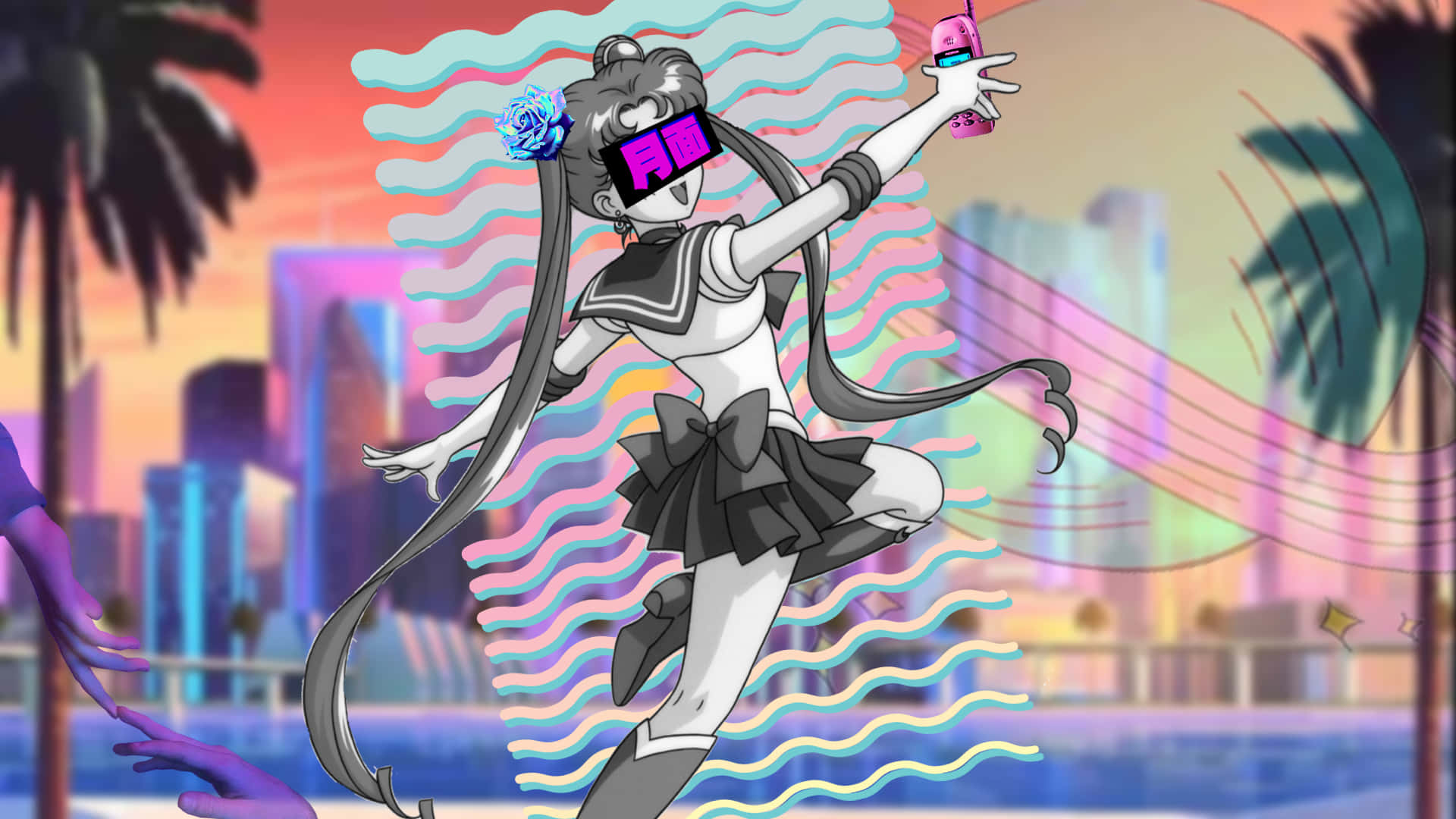 穿著水手服的動漫女孩以霓虹波浪背景和城市天際線自拍。