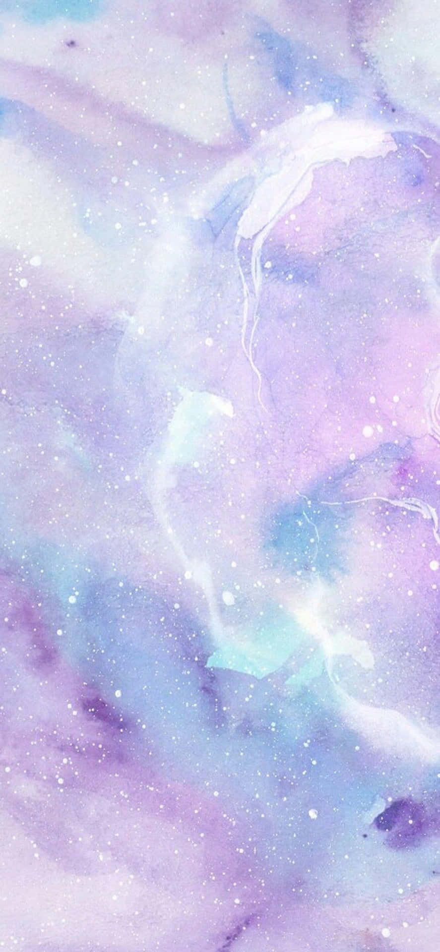美學淡彩星雲背景 壁紙 — 夢幻水彩星系，柔和的紫色、藍色和白色星雲，點綴著細小的星星。