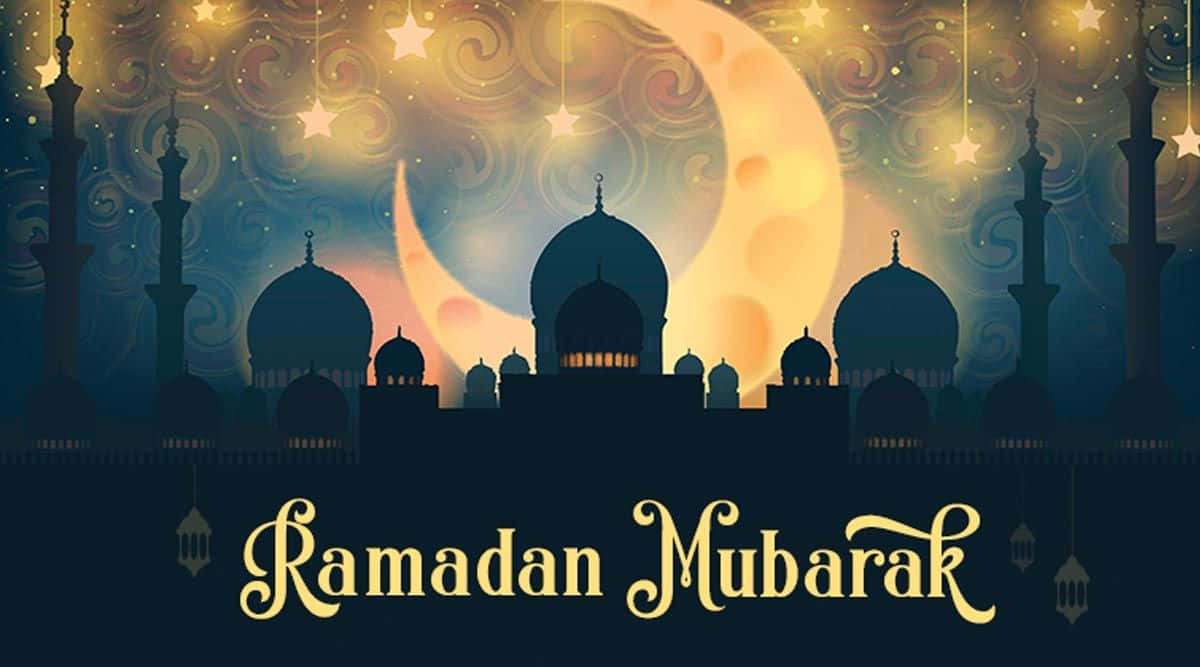 Ramadan Mubarak 祝福，以彎月與星星下的清真寺剪影呈現。