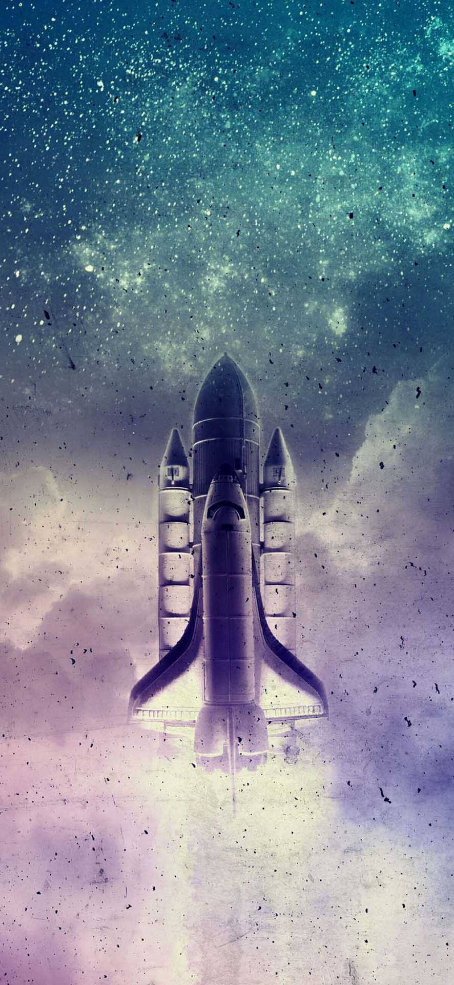 美學火箭發射 壁紙 — 一架穿梭機穿過雲層，升入繁星點點的藍綠色和紫色宇宙天空。