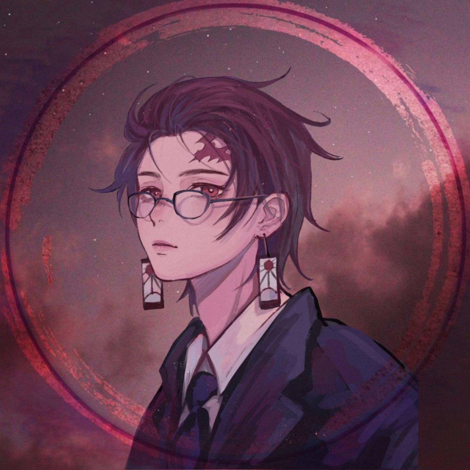 戴眼鏡和紅色額頭標記的動漫角色，宇宙環形背景。