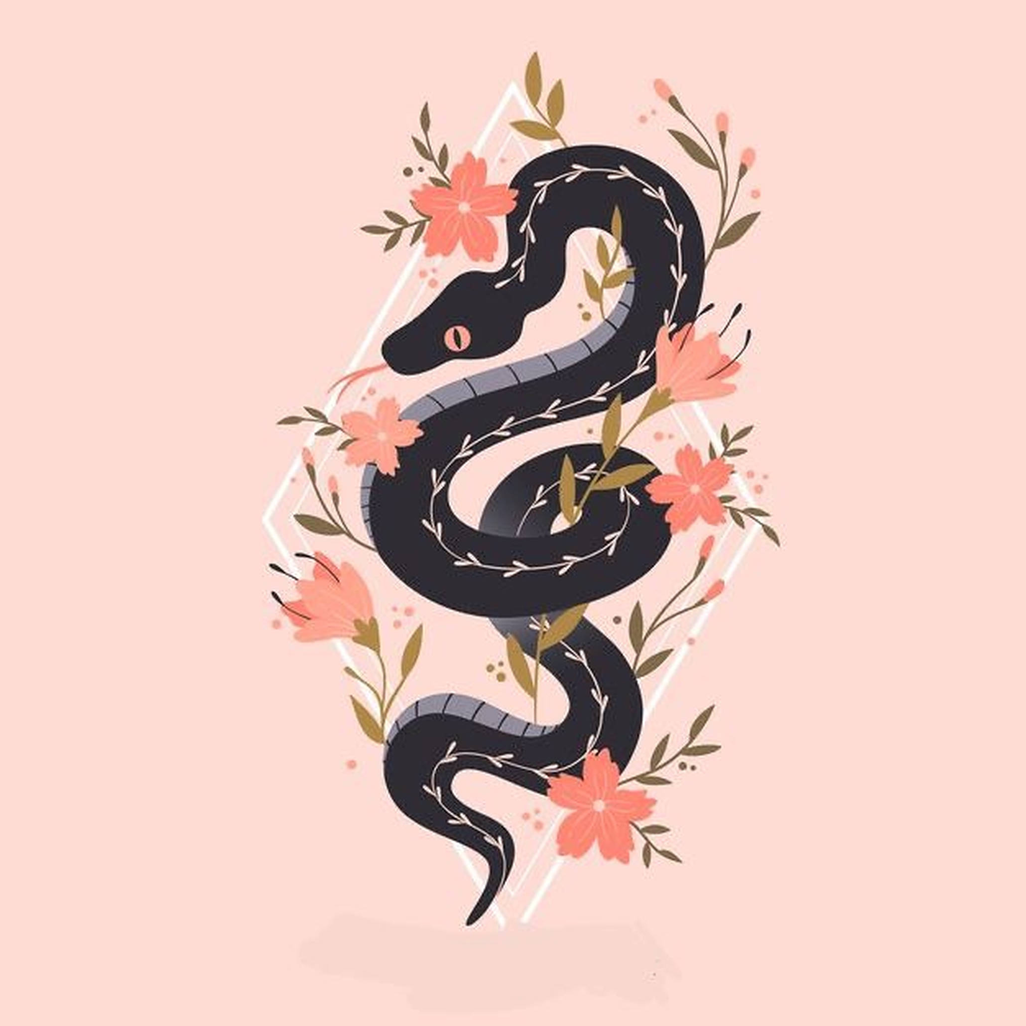 美學王蛇 壁紙 — 一條風格化的黑蛇在珊瑚花和綠葉之間優雅地纏繞，背景為柔和的粉紅色。