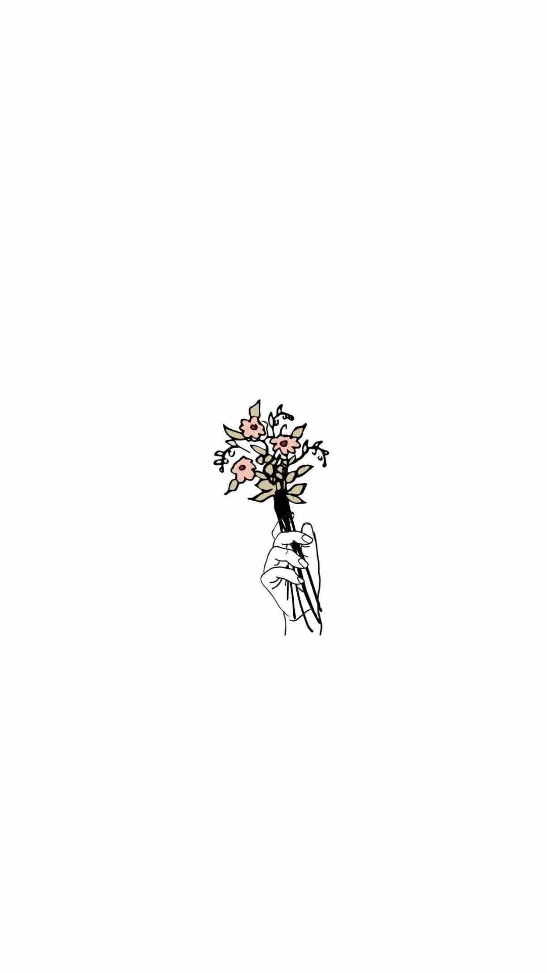 以極簡線條藝術風格呈現的手持一小束粉紅色花朵。 — 美學白色動態圖 壁紙