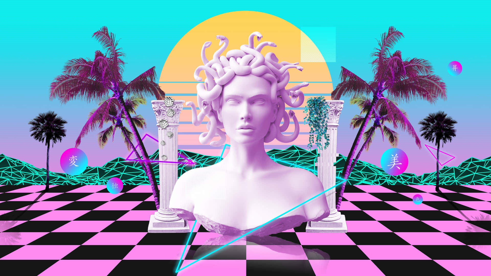 美杜莎半身像在棋盤格地板上，搭配棕櫚樹和霓虹日落的超現實數位場景。