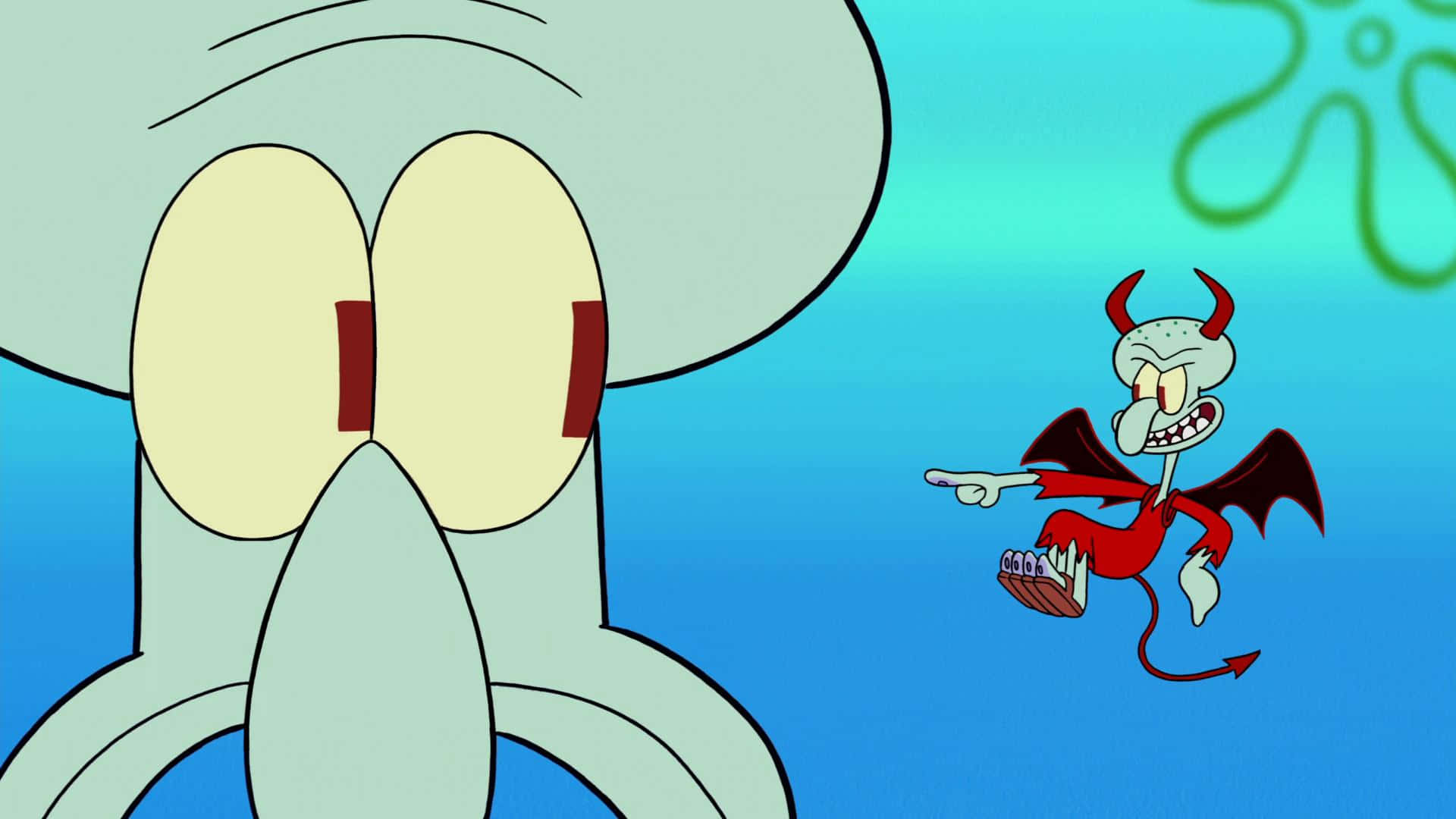 Squidward 睇落好震驚，因為一個細小惡魔版嘅自己喺水底指住佢。