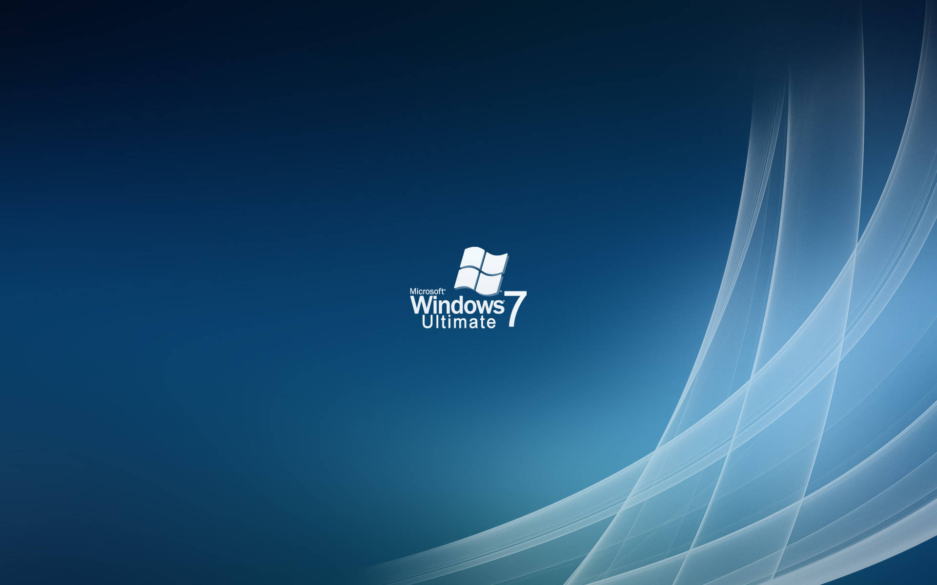 Windows 7 Ultimate 標誌在藍色抽象背景上，帶有流動的白色線條。