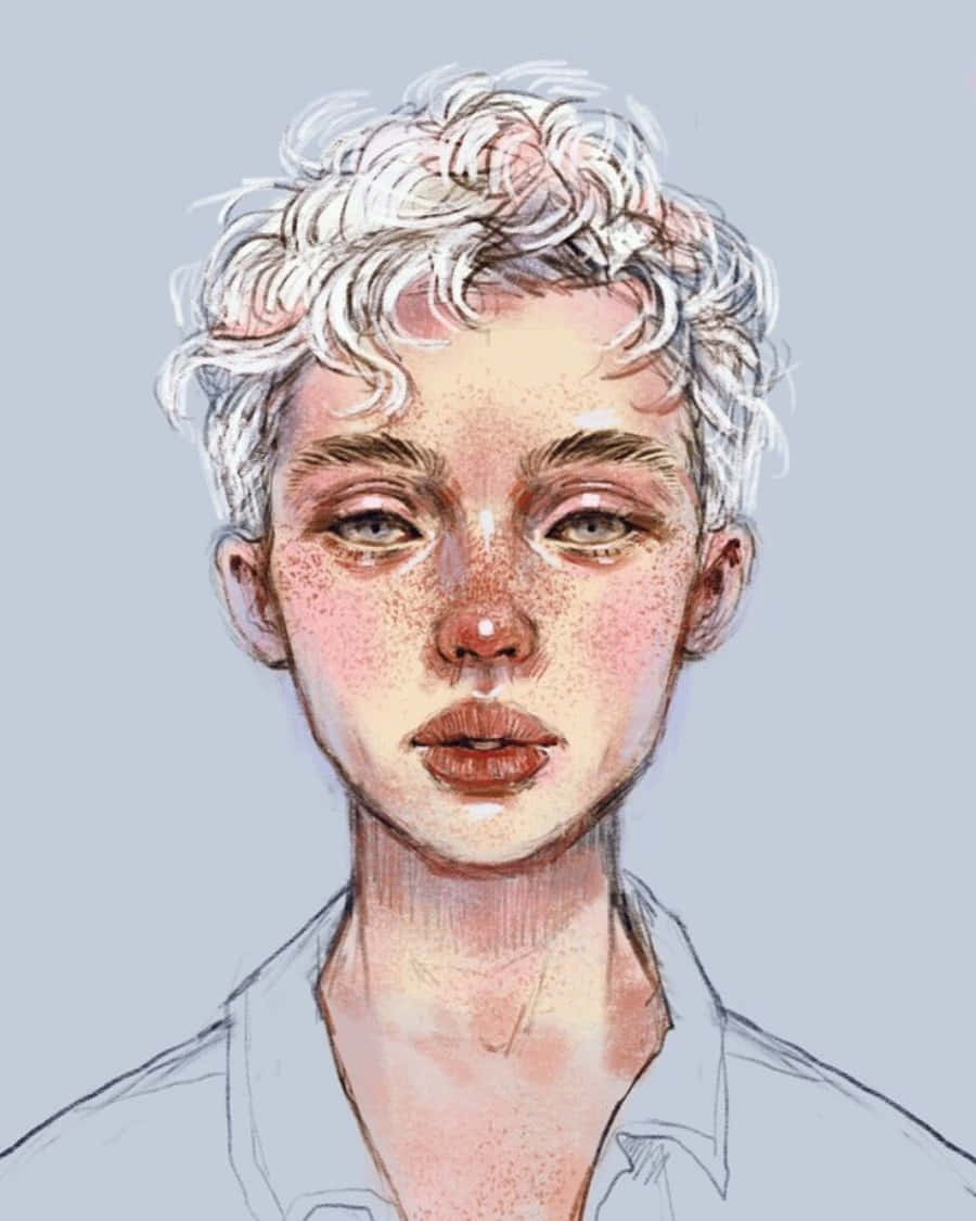 美學藝術中的崇高自然 壁紙 — 一幅水彩插圖，描繪一個有白色捲髮和雀斑的人，背景是柔和的灰色。