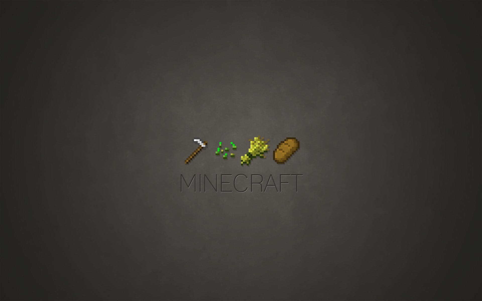 Minecraft遊戲圖標，在深灰色背景上顯示鎬、小麥和麵包