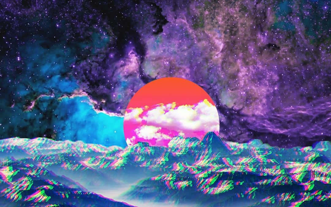 在宇宙日落下，帶有故障效果的山脈和充滿活力的星雲雲彩。