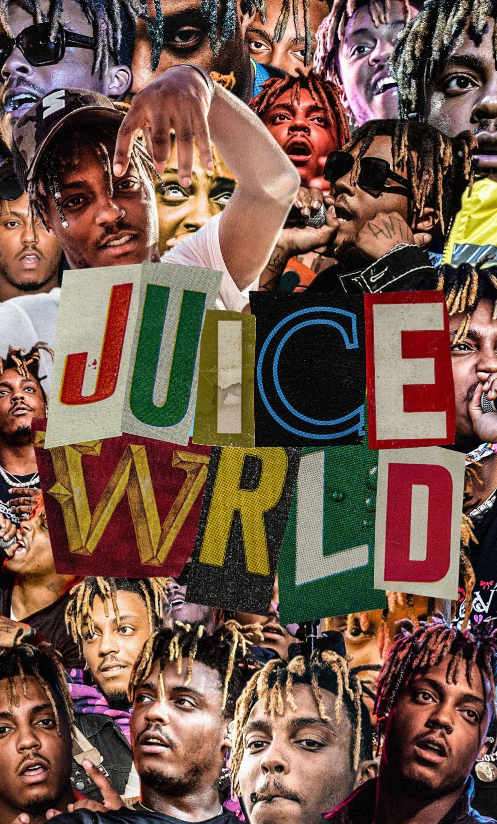 Juice WRLD 面孔的拼貼畫，他的名字以粗體彩色字母呈現。