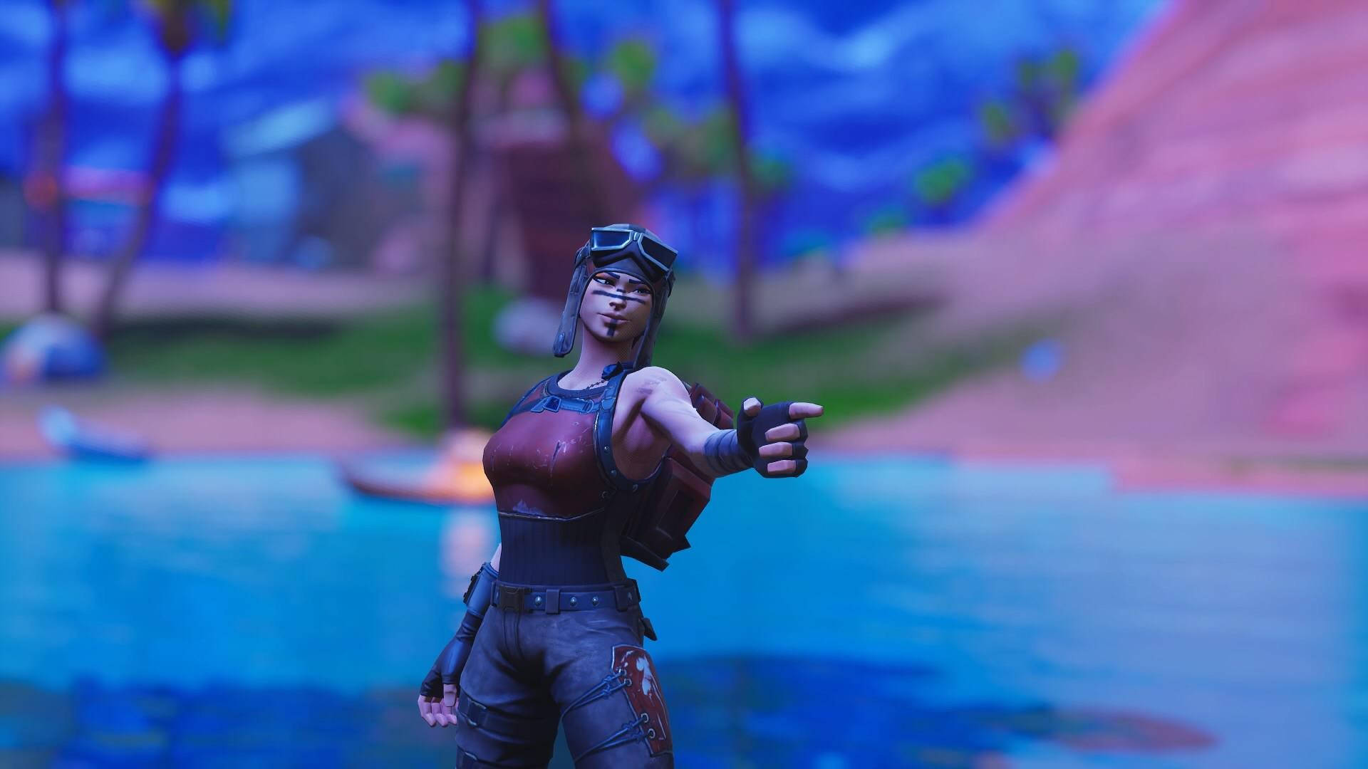 美學革命突擊者Fortnite 壁紙 — 一個穿著紅黑色服裝的Fortnite角色在暮色天空下，在發光的藍色水池旁向前指。