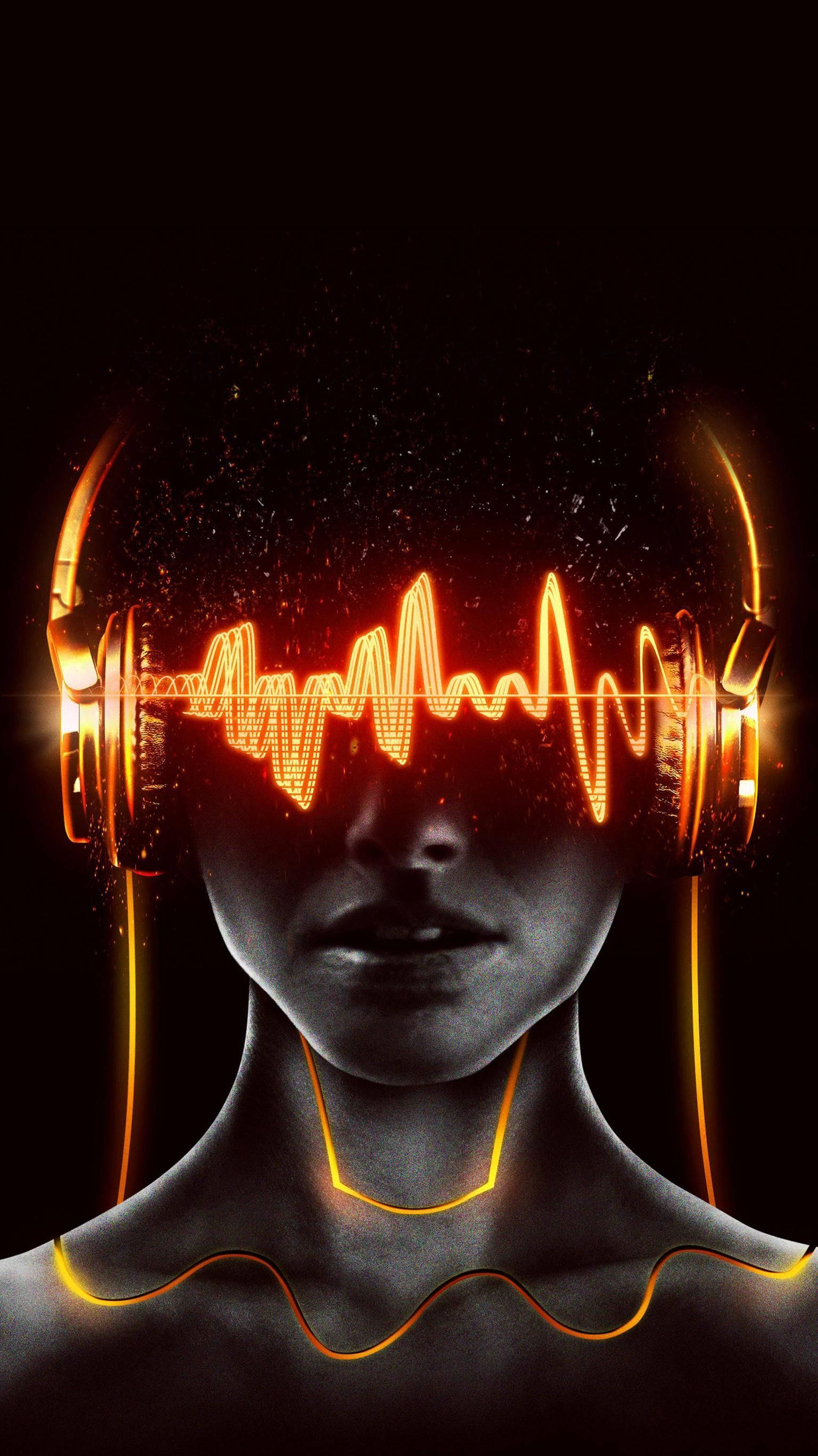 美學音樂手機壁紙 壁紙 — 一個人戴著發光的橙色耳機，脈動的音頻波形取代了他們的眼睛，背景為深色。