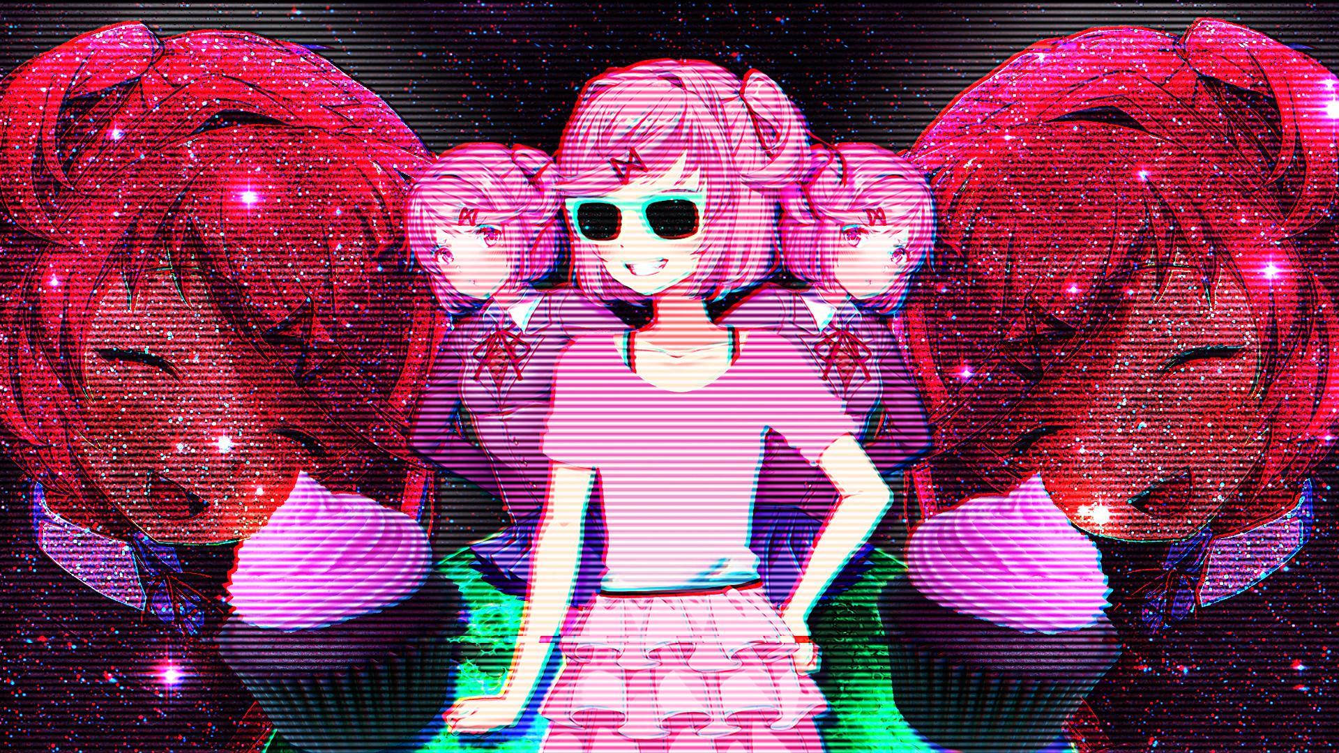 戴太陽眼鏡的動漫女孩被杯子蛋糕和帶故障效果的紅髮角色包圍。