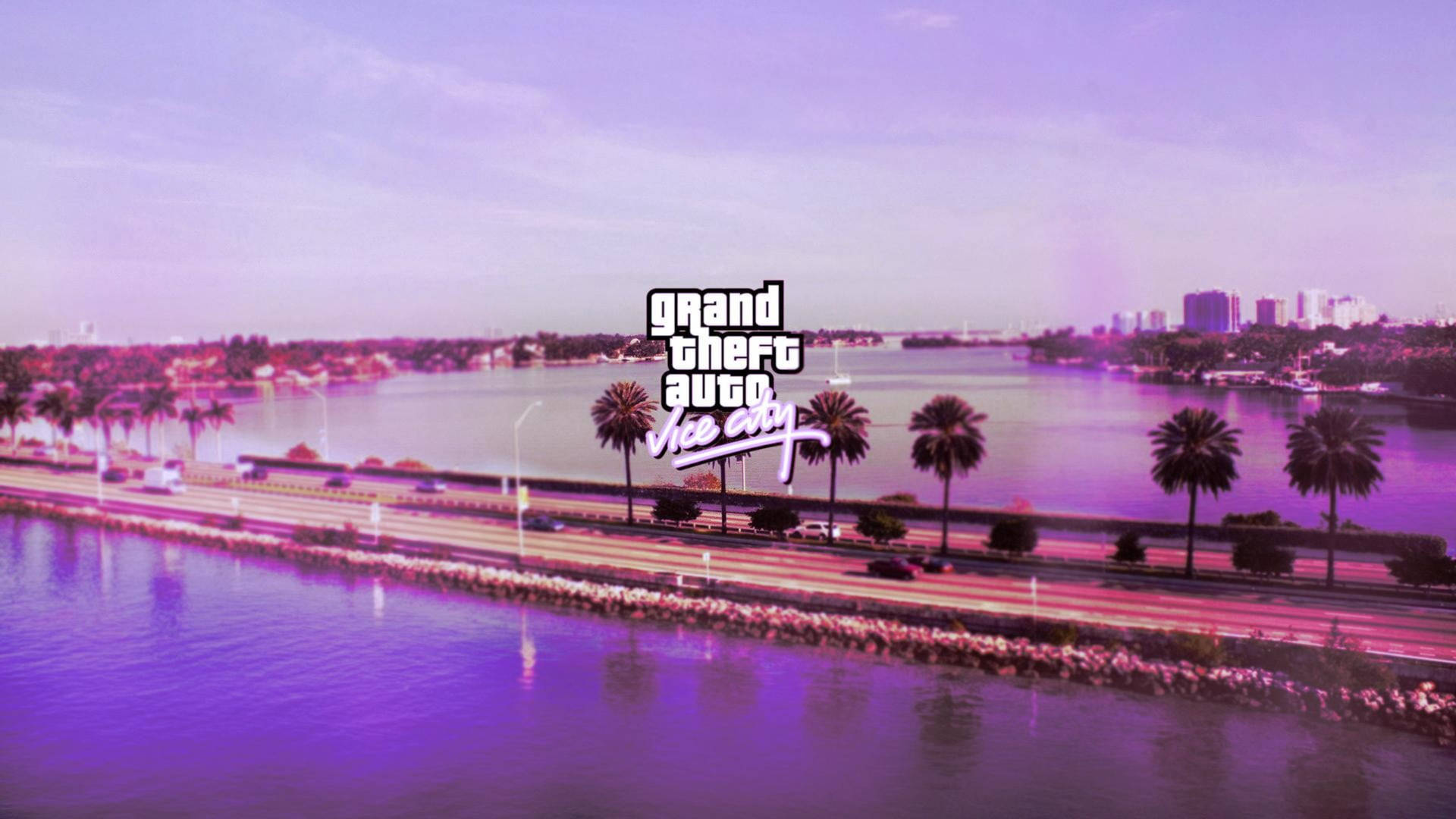 Grand Theft Auto Vice City 標誌位於有棕櫚樹和水的海岸城市上方。